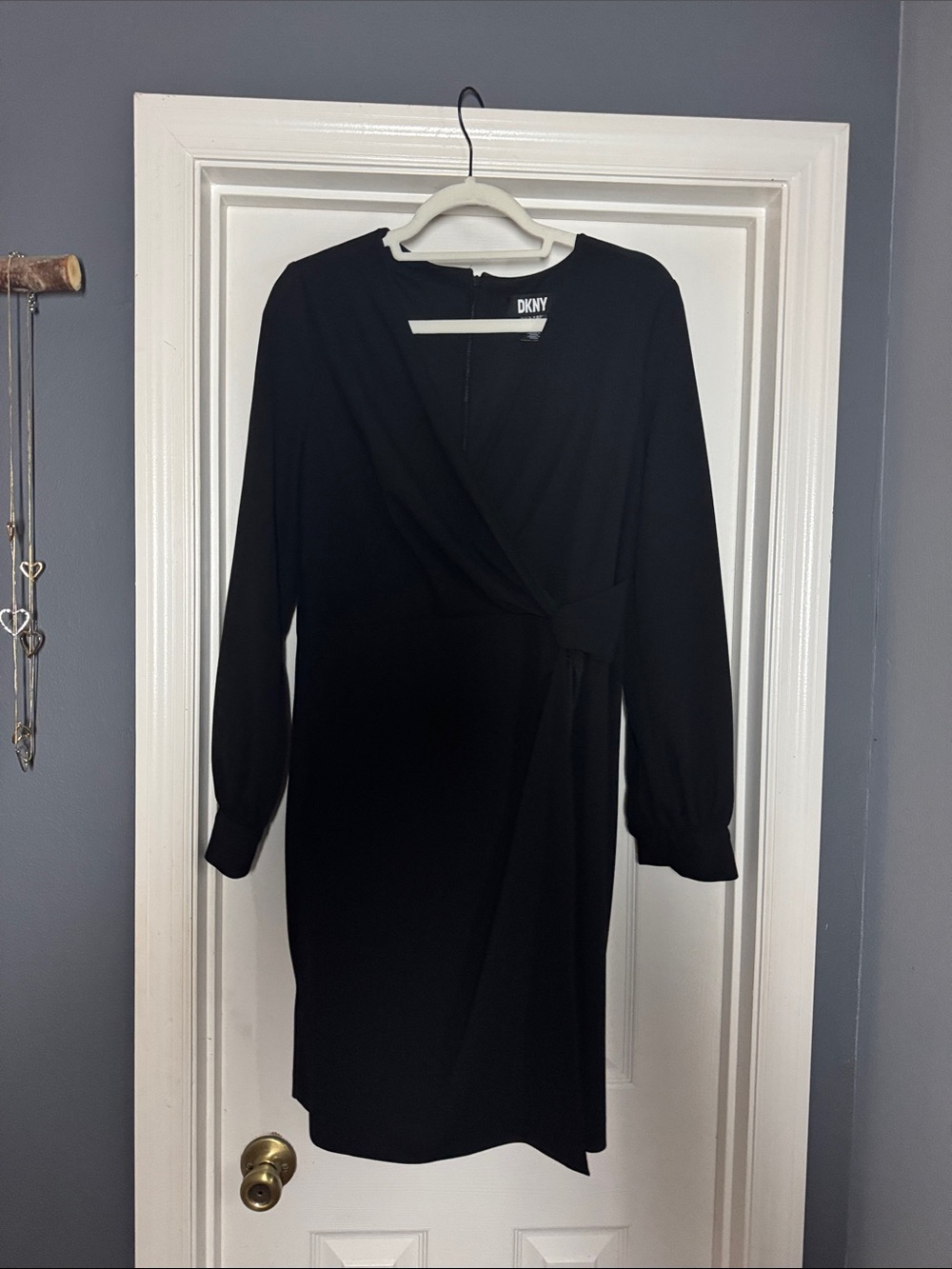 DKNY Black Long-Sleeve Faux-Wrap Dress